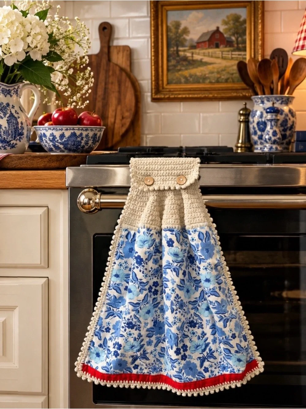 Pioneer Woman Handmade Crochet Hanging Kitchen Towel Blue Floral